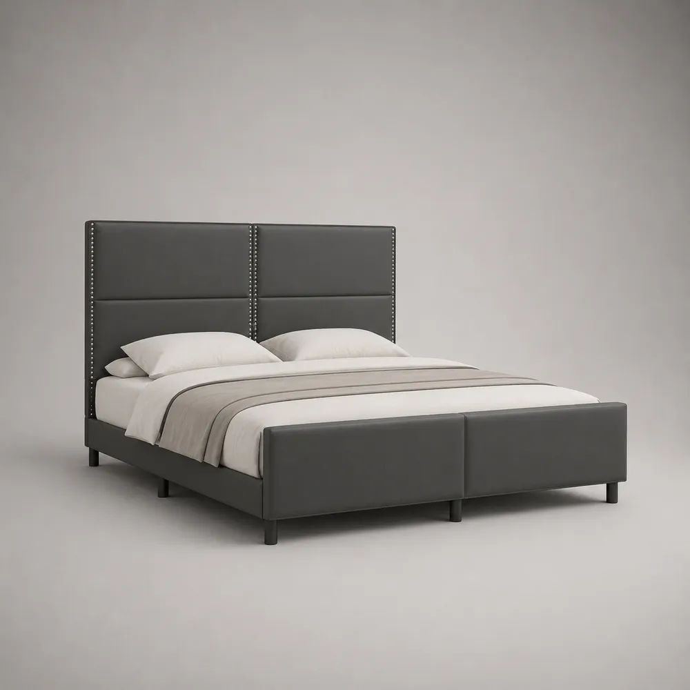Lit double 180 x 200 cm en similicuir gris foncé avec tête de lit rembourrée et clous décoratifs