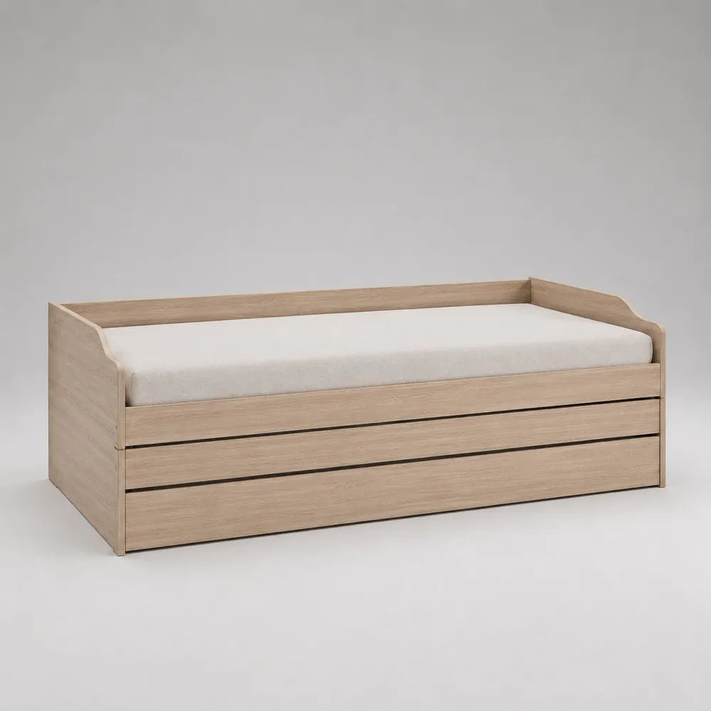 Lit gigogne 3 couchages en panneaux de particules, chêne clair, 205 x 97 x 75 cm, couchages 90 x 200 cm et 90 x 190 cm