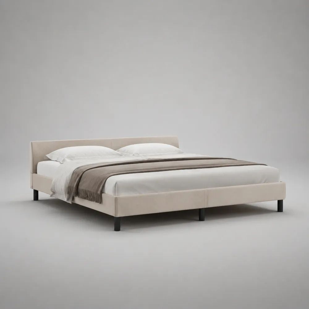 Lit double rembourré en polyester beige 160 × 200 cm, dimensions 216 × 172 × 95 cm, tête de lit rectangulaire et pieds noirs