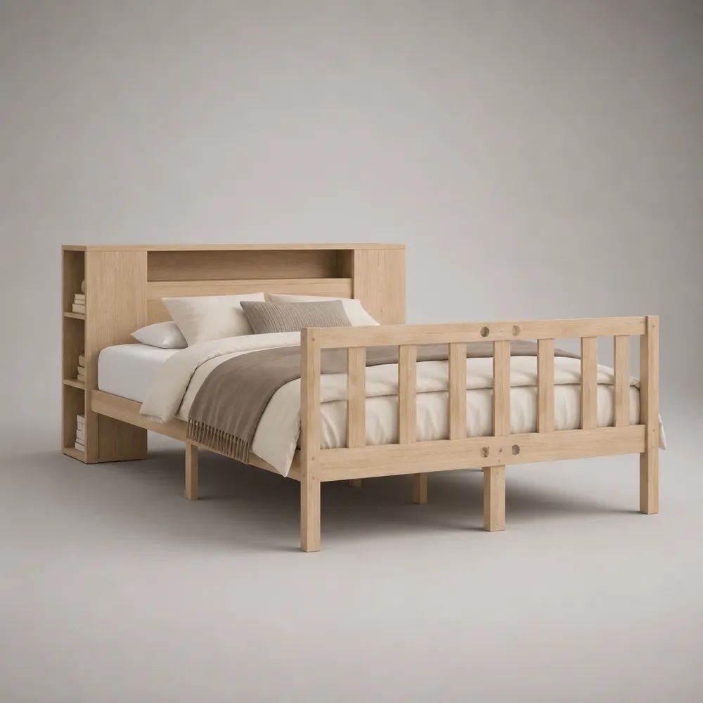 Lit double en bois avec tête de lit à rangements, bois naturel, couchage 140 × 190 cm