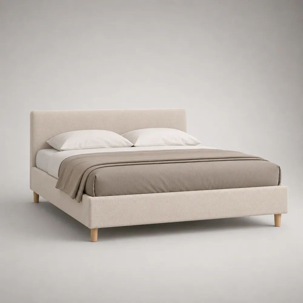 Lit double rembourré beige 160 × 200 cm avec sommier à lattes et pieds en bois, 216 × 172 × 105 cm