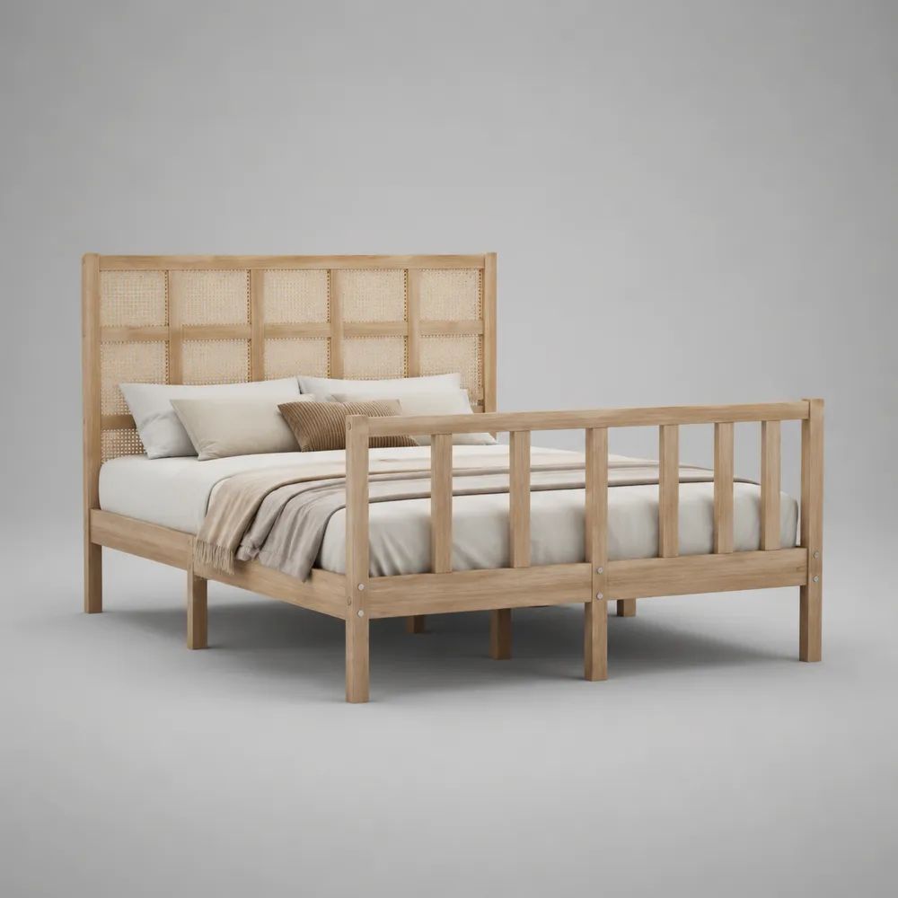 Lit double 160 x 200 cm en bois massif et rotin naturel avec sommier à lattes, bois naturel et beige, 168 x 208 x 150 cm