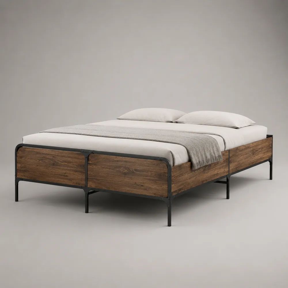Lit double 160 × 200 cm sans tête de lit, dimensions 205 × 165 × 42 cm, acier noir et panneaux en bois effet chêne brun