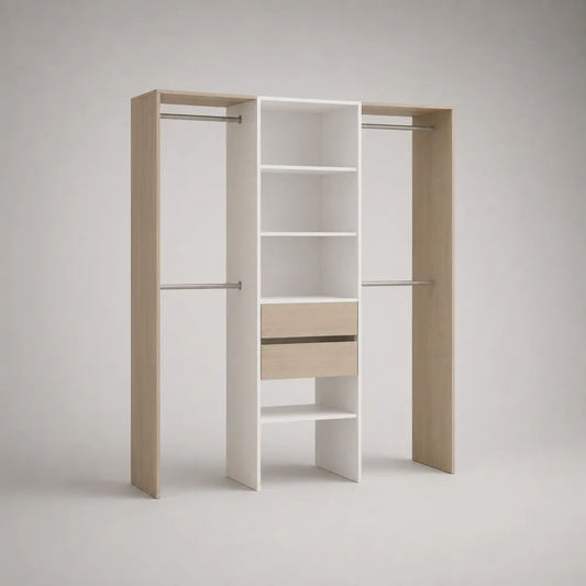 Armoire dressing ouverte en panneaux de particules blanc et chêne clair avec 4 tringles et 2 tiroirs, 180 × 50 × 200 cm