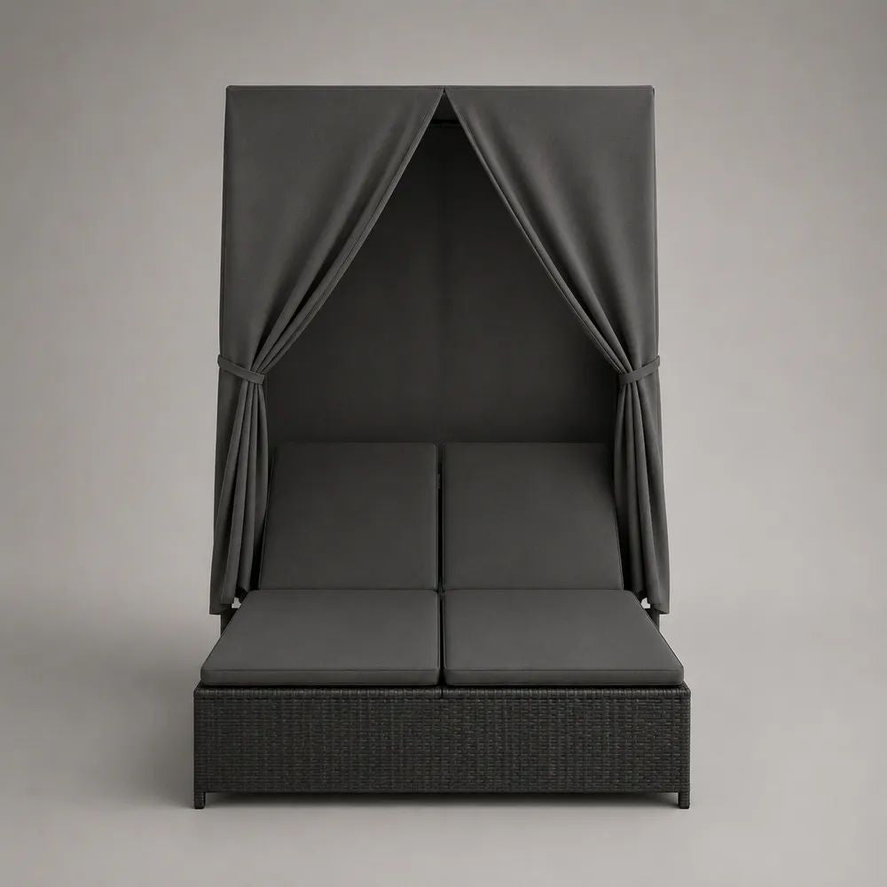 Bain de soleil double extérieur à baldaquin en résine tressée et acier, gris anthracite/noir, 197 × 140 × 180 cm