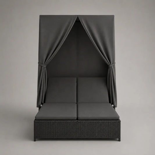 Bain de soleil double extérieur à baldaquin en résine tressée et acier, gris anthracite/noir, 197 × 140 × 180 cm