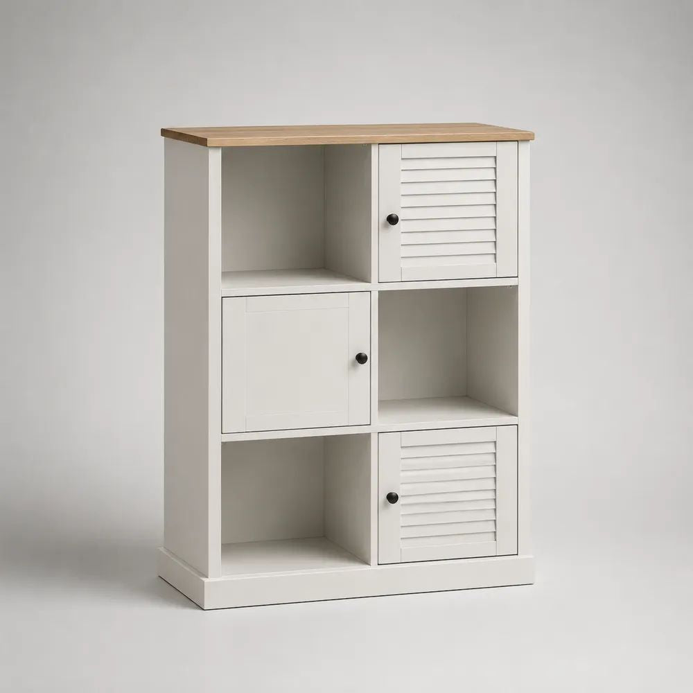 Meuble de rangement à 6 cases avec 3 portes en MDF blanc et plateau effet chêne, 80 × 35 × 120 cm