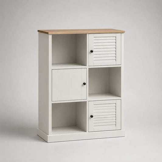Meuble de rangement à 6 cases avec 3 portes en MDF blanc et plateau effet chêne, 80 × 35 × 120 cm