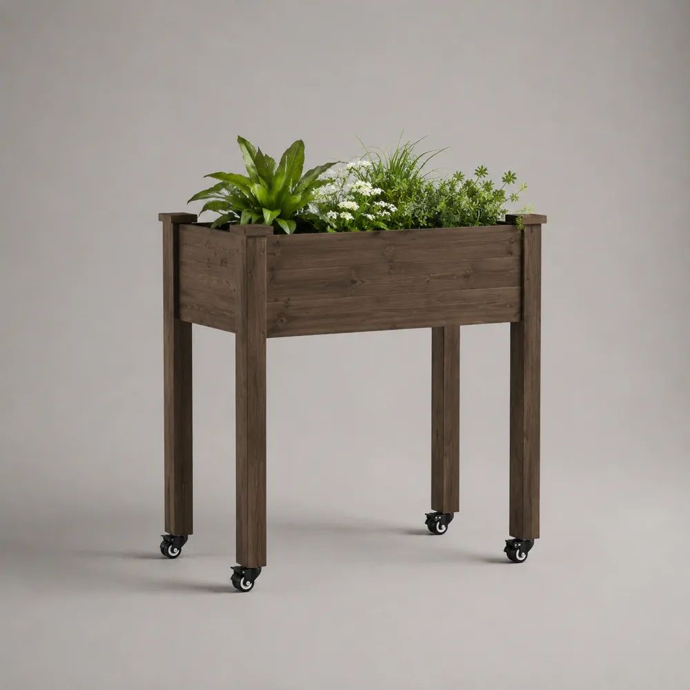 Jardinière surélevée mobile en bois massif brun foncé avec 4 roulettes, 80 × 40 × 80 cm
