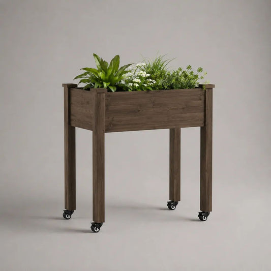 Jardinière surélevée mobile en bois massif brun foncé avec 4 roulettes, 80 × 40 × 80 cm