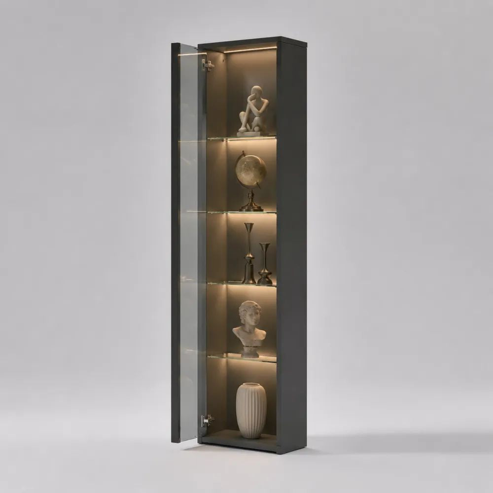 Vitrine colonne en bois avec porte en verre, éclairage LED et 4 étagères, noir mat et transparent, 50 × 35 × 180 cm