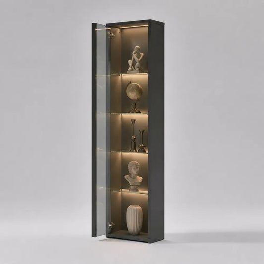 Vitrine colonne en bois avec porte en verre, éclairage LED et 4 étagères, noir mat et transparent, 50 × 35 × 180 cm