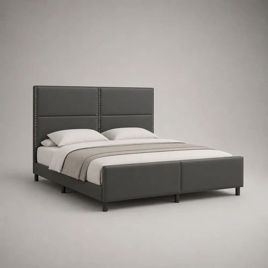 Lit double 180 x 200 cm en similicuir gris foncé avec tête de lit rembourrée et clous décoratifs