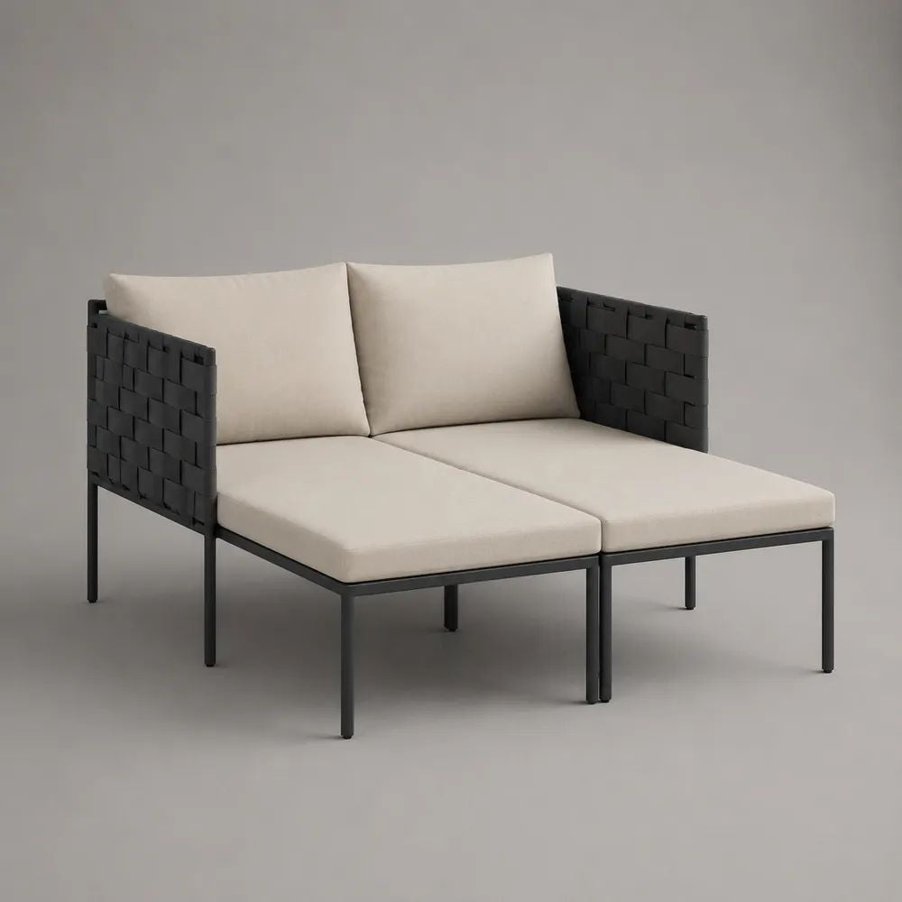 Ensemble de 2 fauteuils modulaires d'extérieur en acier et tissu, noir et beige, 150 × 140 × 80 cm