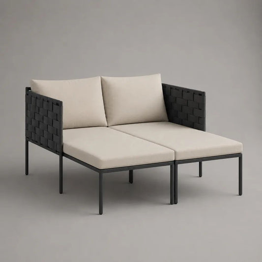 Ensemble de 2 fauteuils modulaires d'extérieur en acier et tissu, noir et beige, 150 × 140 × 80 cm