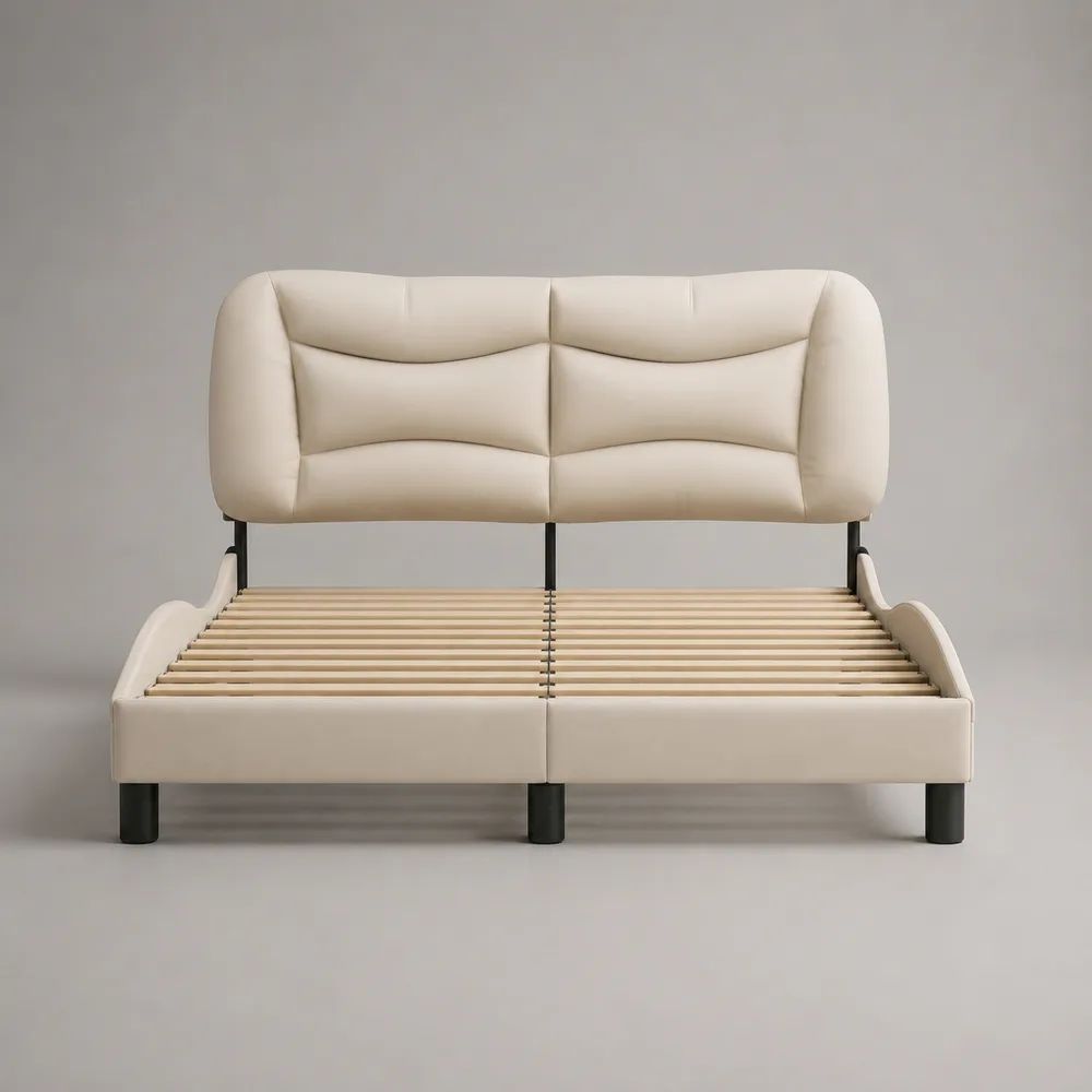 Lit double rembourré en similicuir PU beige avec tête de lit et sommier à lattes, 160 × 200 cm