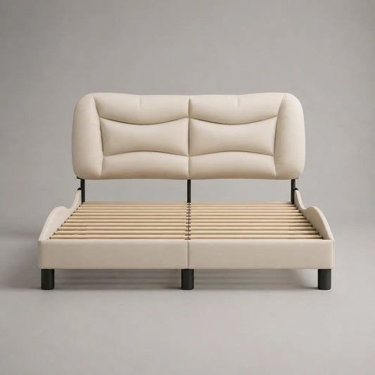 Lit double rembourré en similicuir PU beige avec tête de lit et sommier à lattes, 160 × 200 cm