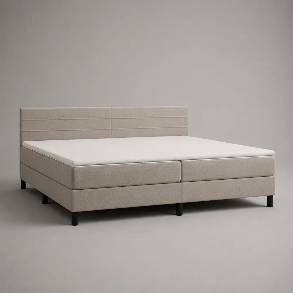 Lit continental 2 places 180 x 200 cm en tissu beige avec 2 matelas, surmatelas et tête de lit