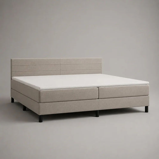 Lit continental 2 places 180 x 200 cm en tissu beige avec 2 matelas, surmatelas et tête de lit