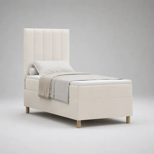 Cadre de lit simple rembourré en tissu ivoire 90 × 190 cm avec tête de lit et sommier à lattes