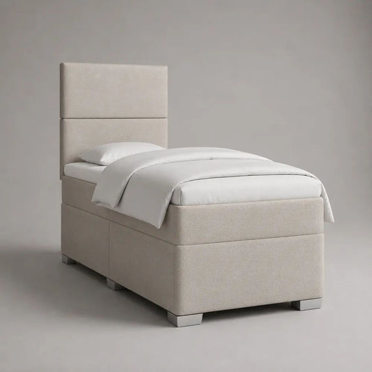 Lit coffre simple rembourré en polyester beige clair avec tête de lit rectangulaire, couchage 90 × 200 cm, dimensions 210 × 100 × 120 cm