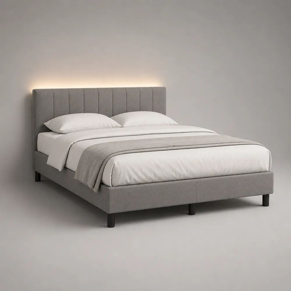 Lit double rembourré en tissu gris et noir 160 × 200 cm, dimensions 170 × 215 × 110 cm, avec sommier à lattes