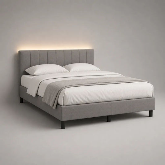 Lit double rembourré en tissu gris et noir 160 × 200 cm, dimensions 170 × 215 × 110 cm, avec sommier à lattes
