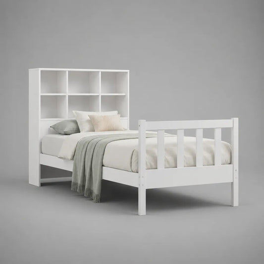Lit simple 90 x 190 cm avec tête de lit bibliothèque, structure en bois et MDF blanc