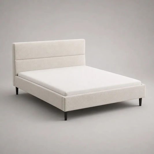Cadre de lit double rembourré blanc cassé avec tête de lit et sommier à lattes, couchage 160 × 200 cm, dimensions 172 × 218 × 105 cm