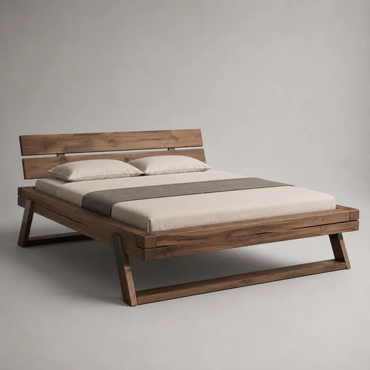 Lit double 160 × 200 cm en bois massif marron avec tête de lit, dimensions hors tout 220 × 180 × 100 cm