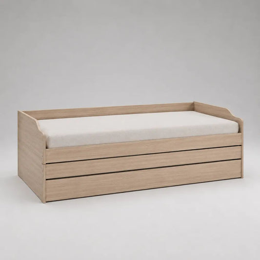 Lit gigogne 3 couchages en panneaux de particules, chêne clair, 205 x 97 x 75 cm, couchages 90 x 200 cm et 90 x 190 cm