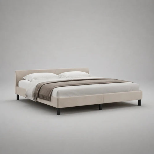 Lit double rembourré en polyester beige 160 × 200 cm, dimensions 216 × 172 × 95 cm, tête de lit rectangulaire et pieds noirs
