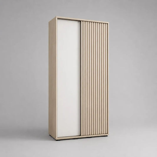 Armoire à 2 portes coulissantes en panneaux mélaminés et MDF rainuré, chêne clair et blanc, 100 x 55 x 200 cm