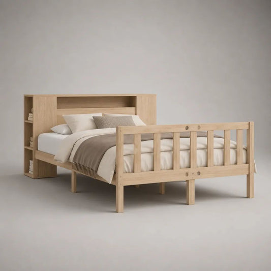 Lit double en bois avec tête de lit à rangements, bois naturel, couchage 140 × 190 cm