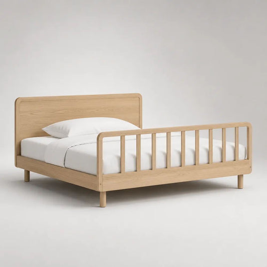 Lit double rectangulaire 140 × 190 cm en bois massif et placage de chêne naturel avec sommier à lattes, dimensions 198 × 148 × 120 cm