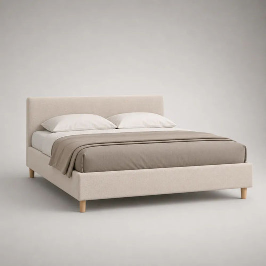 Lit double rembourré beige 160 × 200 cm avec sommier à lattes et pieds en bois, 216 × 172 × 105 cm