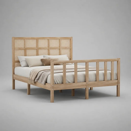 Lit double 160 x 200 cm en bois massif et rotin naturel avec sommier à lattes, bois naturel et beige, 168 x 208 x 150 cm