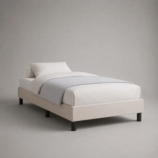 Lit simple rembourré 90 × 190 cm avec sommier à lattes, revêtement en polyester blanc cassé et pieds noirs, 201 × 101 × 64 cm