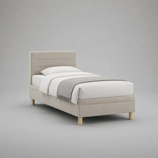 Lit simple rembourré en tissu beige 90 x 190 cm avec tête de lit à panneaux horizontaux et pieds en bois