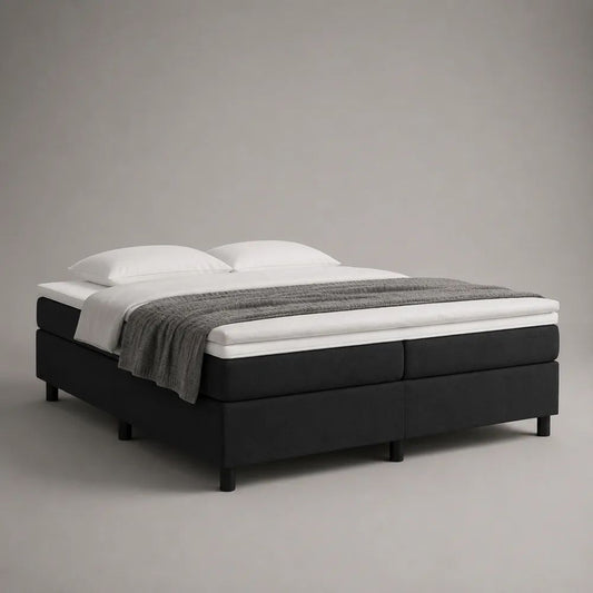 Lit boxspring double 160 x 200 cm en polyester noir et blanc avec 2 matelas et surmatelas