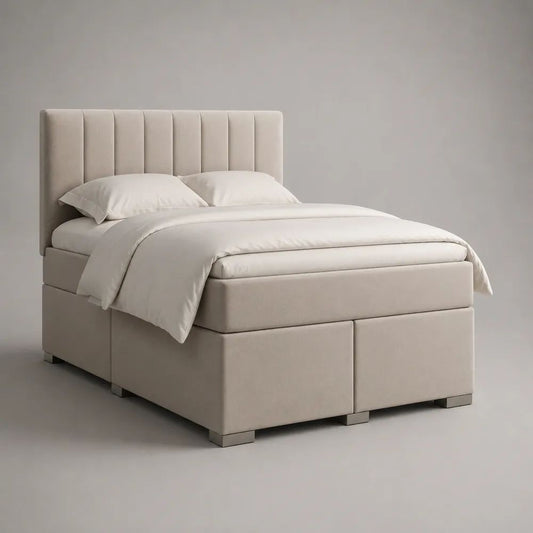 Lit continental 2 places en tissu beige 160 x 200 cm avec matelas à ressorts ensachés, surmatelas et tête de lit rembourrée