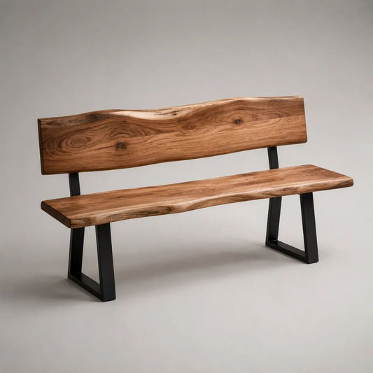 Banc d'intérieur avec dossier en bois massif et acier noir, bords naturels, brun naturel/noir, 160 × 45 × 85 cm