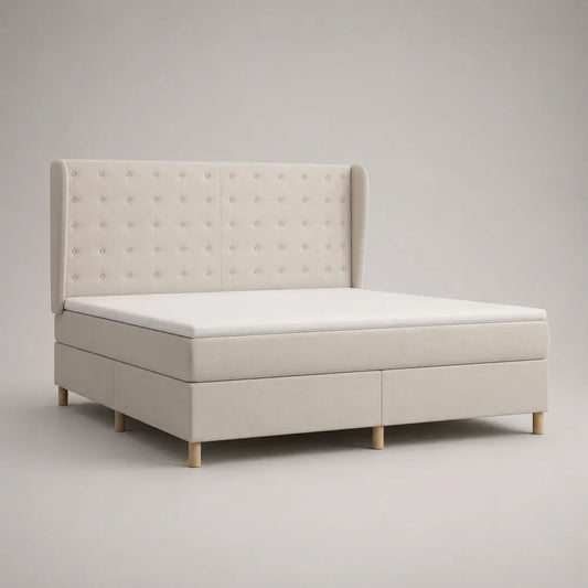Ensemble lit continental double 180 × 200 cm en tissu beige clair avec tête de lit capitonnée