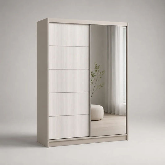 Armoire rectangulaire à 2 portes coulissantes dont 1 miroir, panneaux mélaminés et MDF rainuré, blanc, 120 × 60 × 200 cm