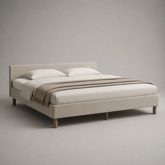 Lit double rembourré en tissu beige avec sommier à lattes, couchage 160 x 200 cm, dimensions 170 x 215 x 100 cm