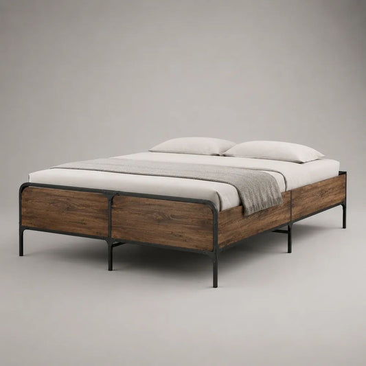 Lit double 160 × 200 cm sans tête de lit, dimensions 205 × 165 × 42 cm, acier noir et panneaux en bois effet chêne brun