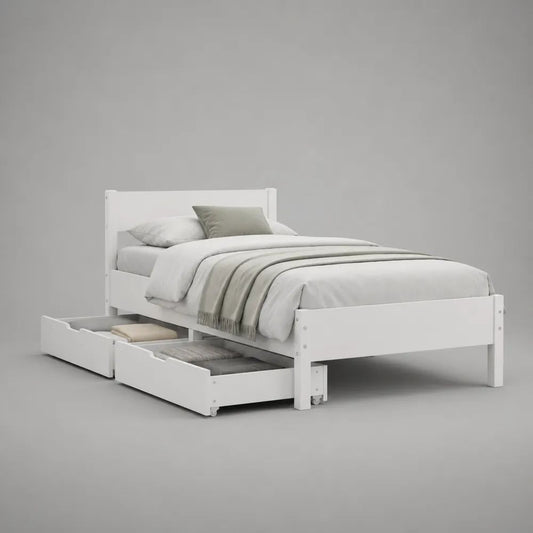 Lit double en bois blanc avec sommier à lattes et 2 tiroirs, couchage 140 × 190 cm