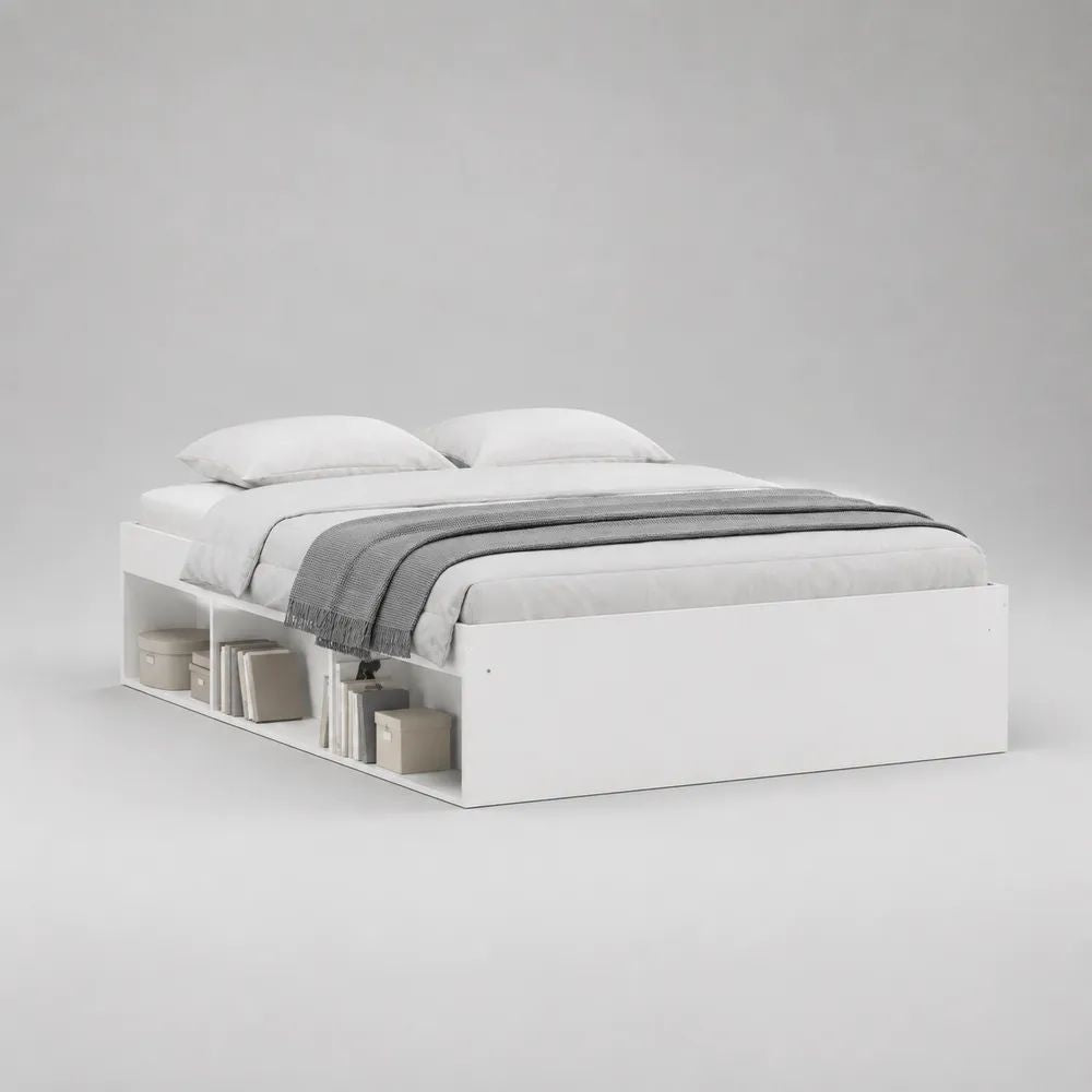 Lit double avec rangement en panneaux de particules mélaminés blanc, couchage 140 x 190 cm