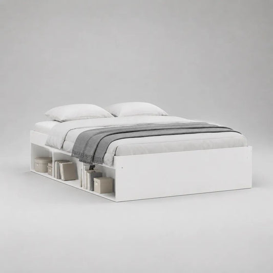 Lit double avec rangement en panneaux de particules mélaminés blanc, couchage 140 x 190 cm