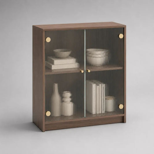 Armoire de rangement vitrée rectangulaire à 2 portes en panneaux de particules et verre cannelé, brun noyer, 80 × 35 × 100 cm